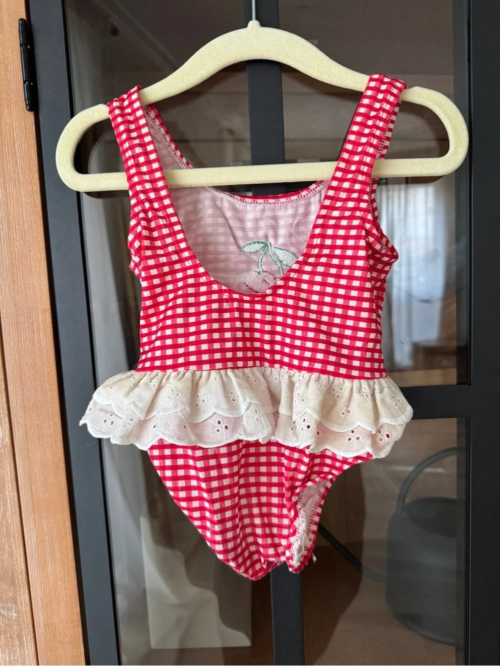 Vintage cherry gingham one piece swimsuit baby girl ruffle eyelet embroidered